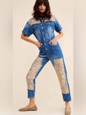 Free People X Tricia Fix Bandana Denim Jumpsuit